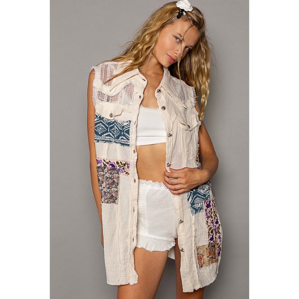 POL Patchwork Vest Women Small Cream Hit The Streets Double Gauze Boho whimsical